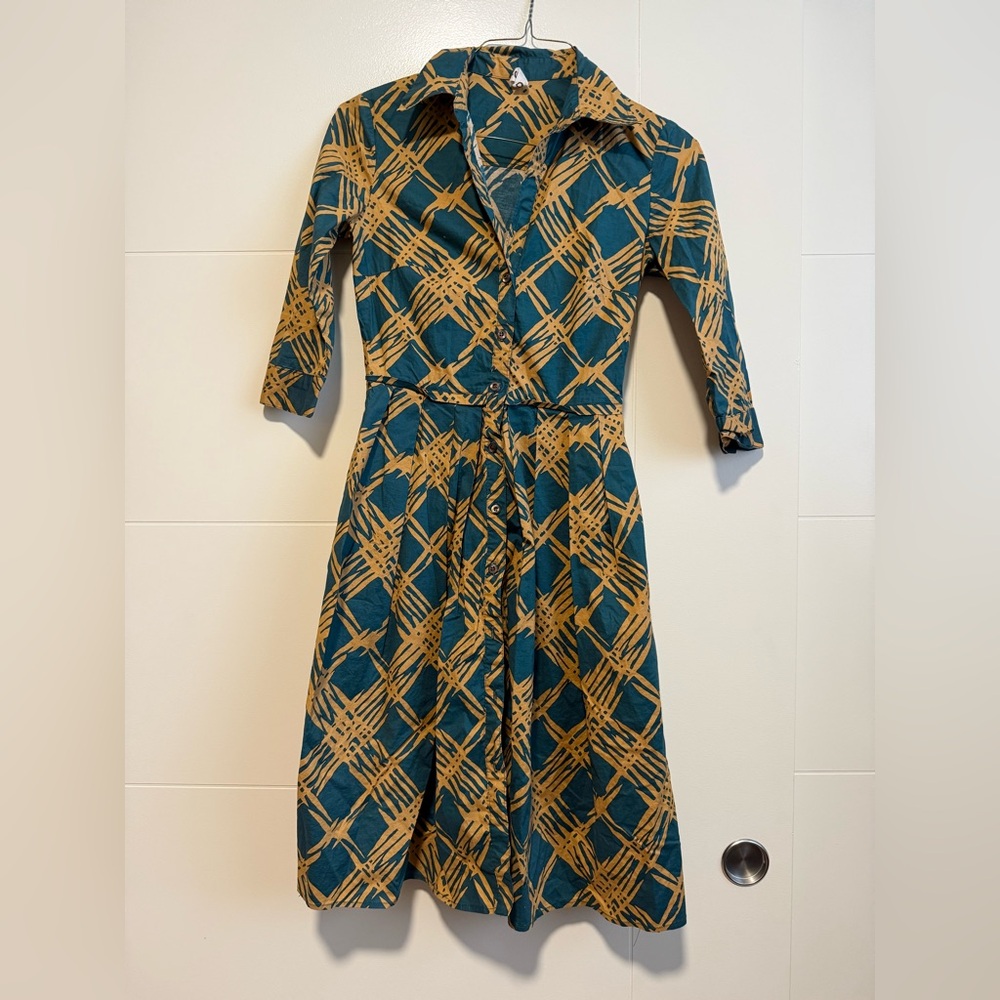 Samantha Sung Printed 3/4 Sleeve Shirt Dress Green and Yellow/Gold Print Size S